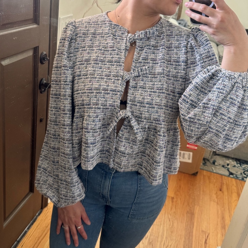 Elegant Tweed Blouse with Keyhole Design